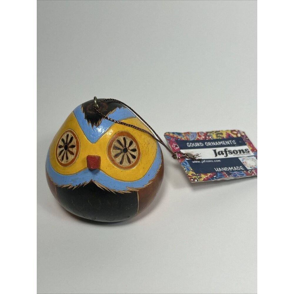 Hand-Painted/Carved South American Yellow &blue Owl Gourd Folk art Ornament - Picture 7 of 8